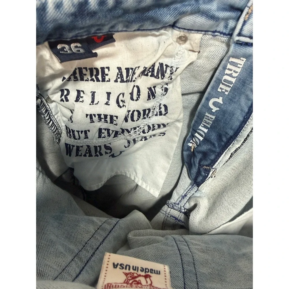 True Religion World Tour 36x29 Light Acid Wash Straight Leg Jeans USA Made Flap